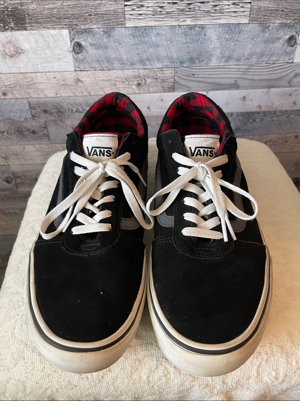 Vans Black Skate Sneakers with Red Plaid Lining - Picture 9 of 9